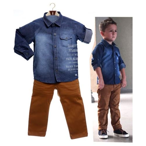 camisa jeans com calça mostarda